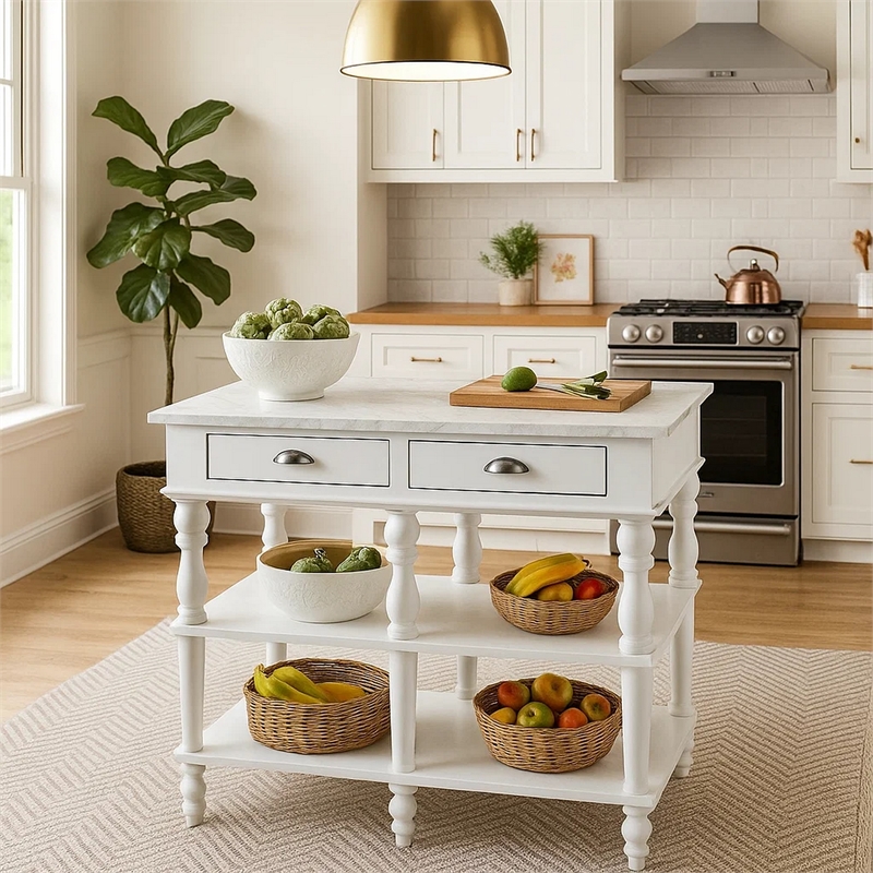 Benjara Kitchen Island with Artificial Marble Top and Turned Legs- White