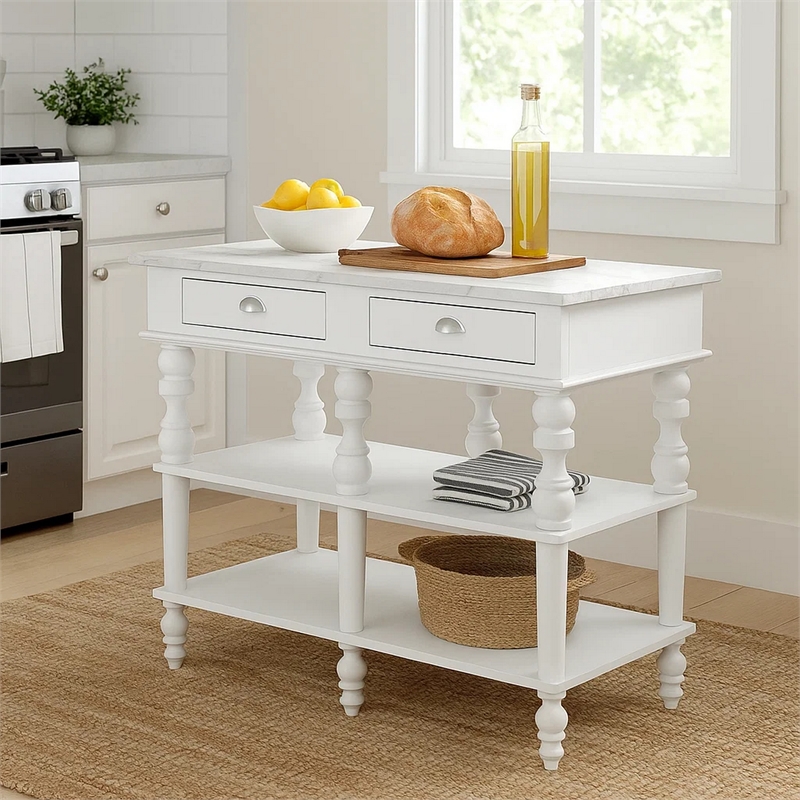 Benjara Kitchen Island with Artificial Marble Top and Turned Legs- White
