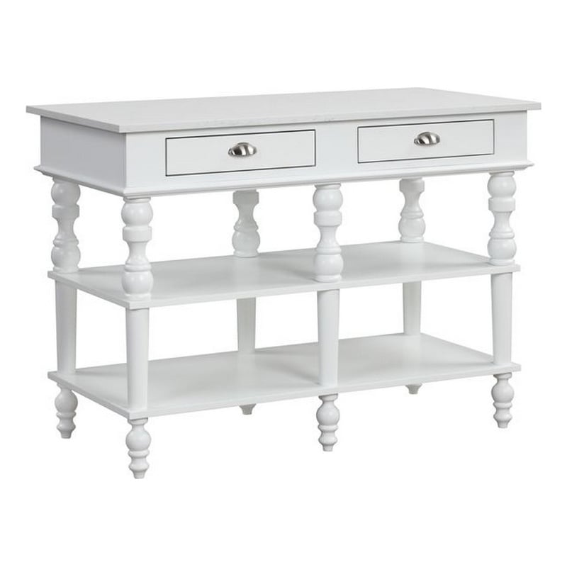 Benjara Kitchen Island with Artificial Marble Top and Turned Legs- White