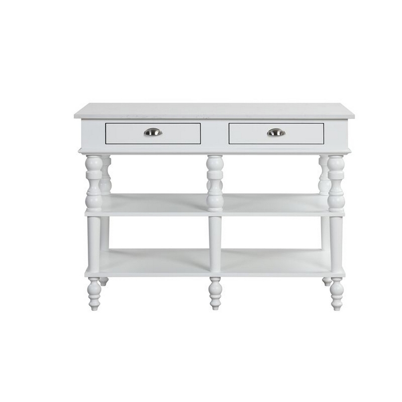 Benjara Kitchen Island with Artificial Marble Top and Turned Legs- White