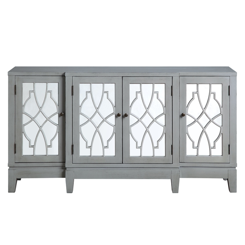 Benjara Console Table with 4 Glass Doors and Geometric Front- Gray