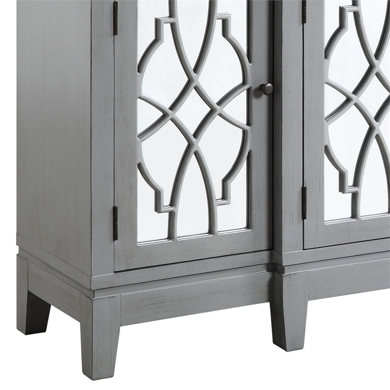 Benjara Console Table with 4 Glass Doors and Geometric Front- Gray