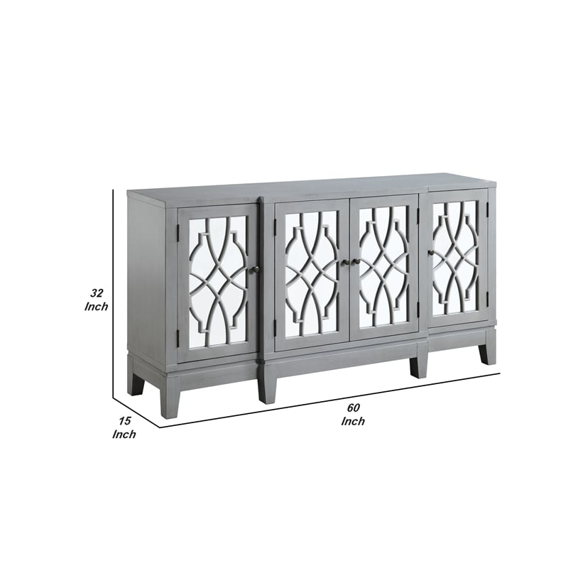 Benjara Console Table with 4 Glass Doors and Geometric Front- Gray