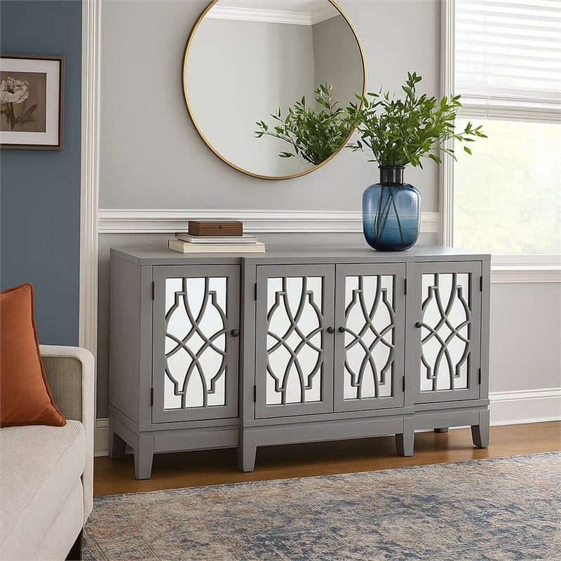 Benjara Console Table with 4 Glass Doors and Geometric Front- Gray