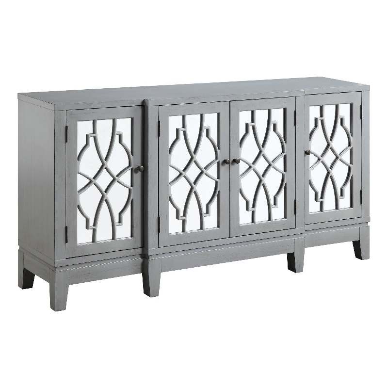 Benjara Console Table with 4 Glass Doors and Geometric Front- Gray