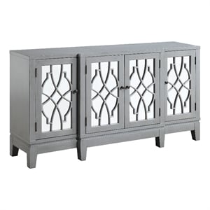 Benjara Console Table with 4 Glass Doors and Geometric Front- Gray