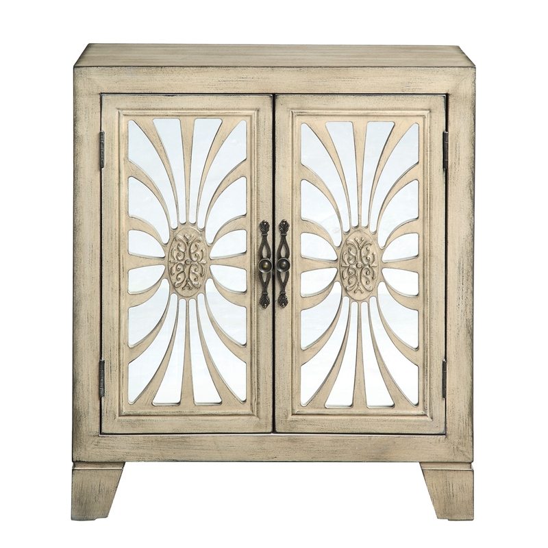 Benjara Console Table with 2 Glass Doors and Floral Motif- Antique White