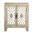 Benjara Console Table with 2 Glass Doors and Floral Motif- Antique White