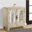 Benjara Console Table with 2 Glass Doors and Floral Motif- Antique White