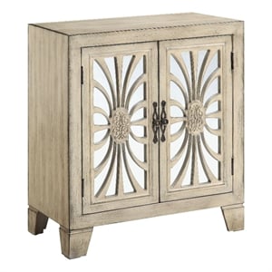 Benjara Console Table with 2 Glass Doors and Floral Motif- Antique White