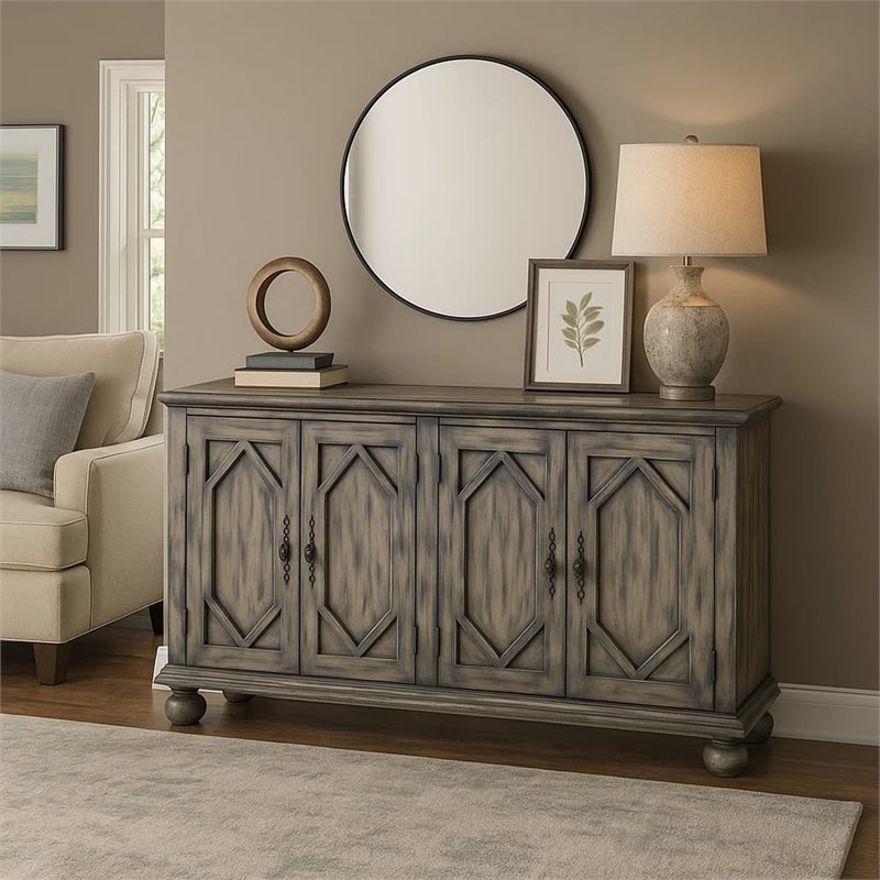 Benjara Console Table with 4 Doors and Bun Feet- Rustic Gray