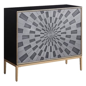 Benjara Console Table with 2 Doors and Sunburst Design- Gray