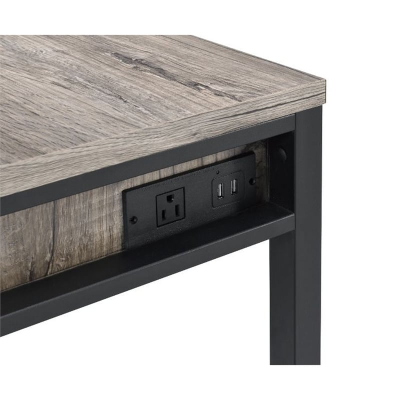 Benjara Built-in USB Port Writing Desk- Light Weathered Oak and Black