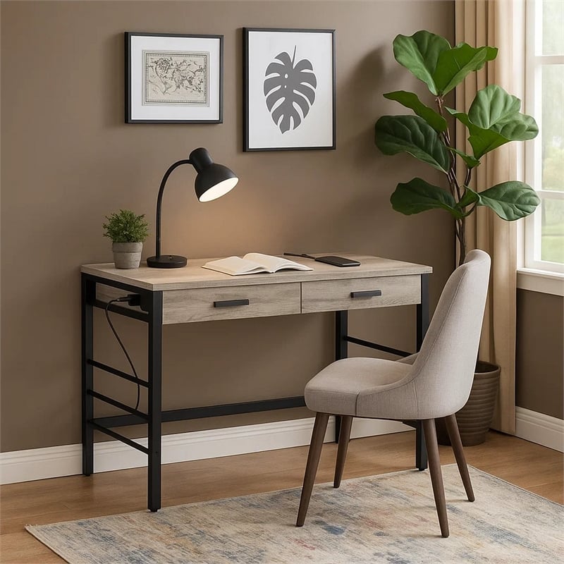 Benjara Built-in USB Port Writing Desk- Light Weathered Oak and Black