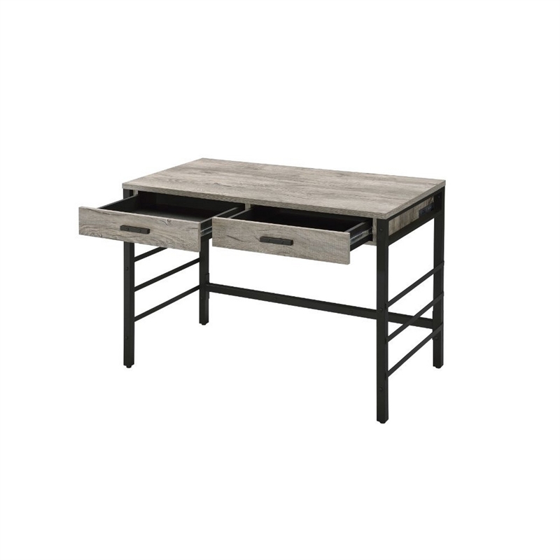 Benjara Built-in USB Port Writing Desk- Light Weathered Oak and Black