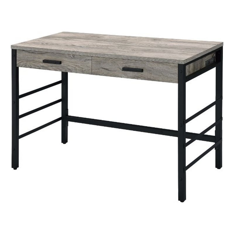 Benjara Built-in USB Port Writing Desk- Light Weathered Oak and Black