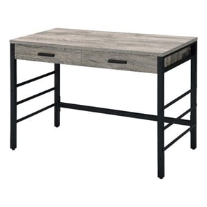 Benjara Built-in USB Port Writing Desk- Light Weathered Oak and Black