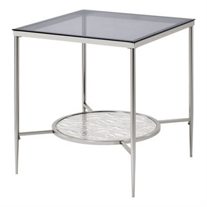 Benjara End Table with Textured Round Shelf- Silver