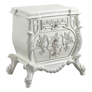 Benjara Nightstand with Ornate Floral Accent and 3 Drawers- Antique White