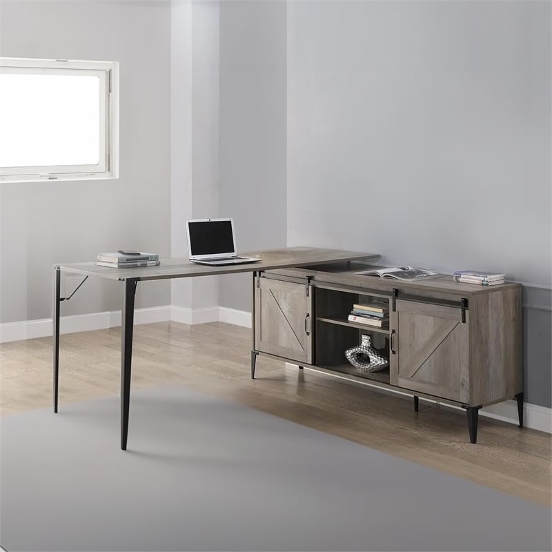 Benjara L Shape Writing Desk with 6 Open Compartments- Gray