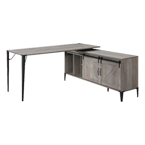 Benjara L Shape Writing Desk with 6 Open Compartments- Gray
