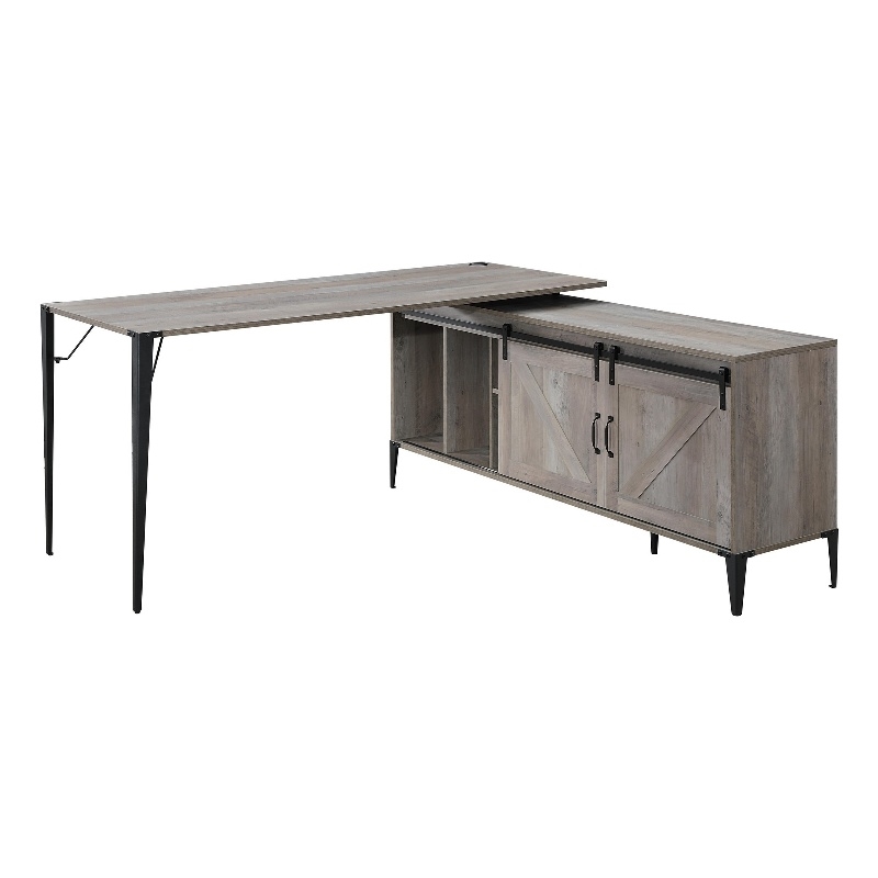 Benjara L Shape Writing Desk with 6 Open Compartments- Gray