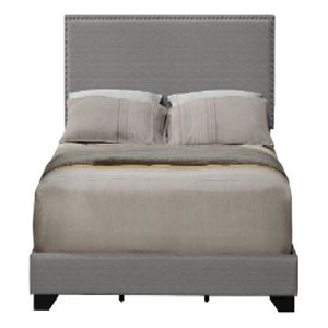 Benjara Queen Size Bed with Fabric Upholstery and Nailhead Accent- Gray