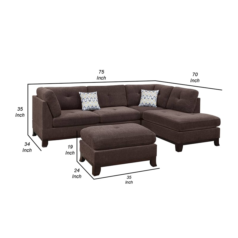 Benjara 3 Piece Sectional Sofa with Ottoman and Tufted Details- Dark Brown