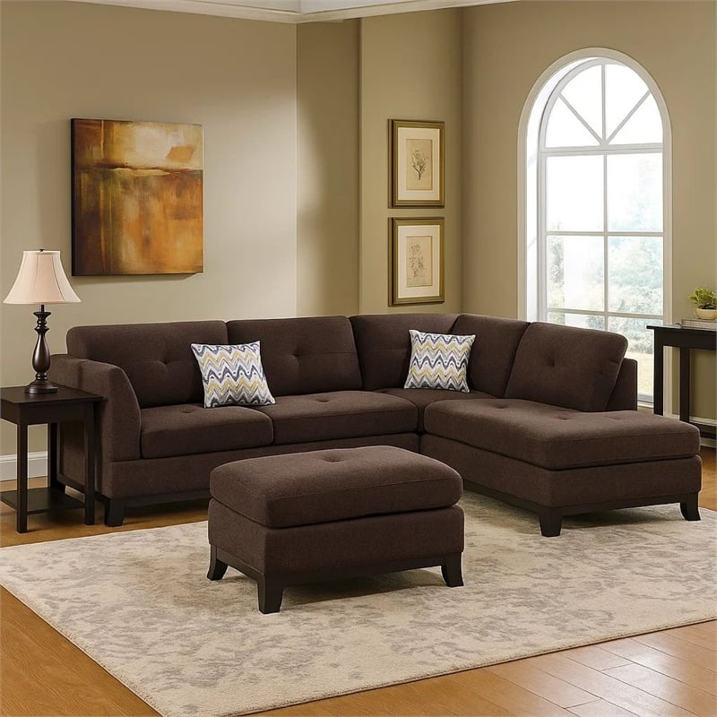 Benjara 3 Piece Sectional Sofa with Ottoman and Tufted Details- Dark Brown