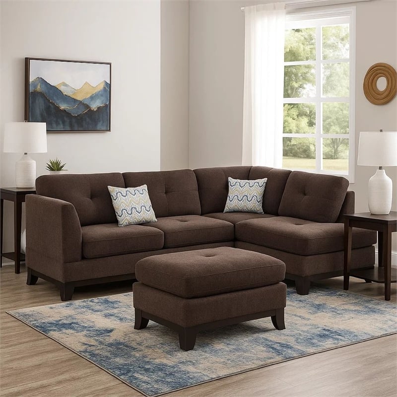 Benjara 3 Piece Sectional Sofa with Ottoman and Tufted Details- Dark Brown
