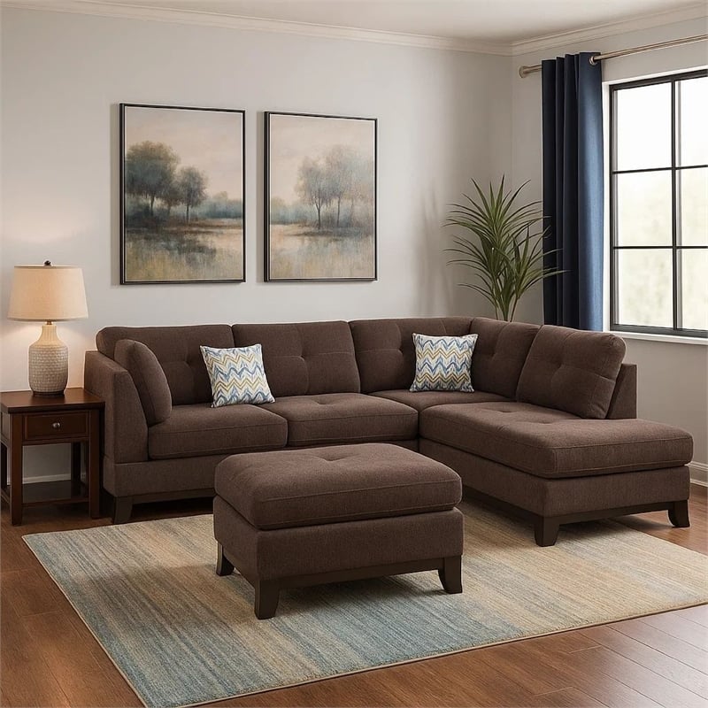 Benjara 3 Piece Sectional Sofa with Ottoman and Tufted Details- Dark Brown