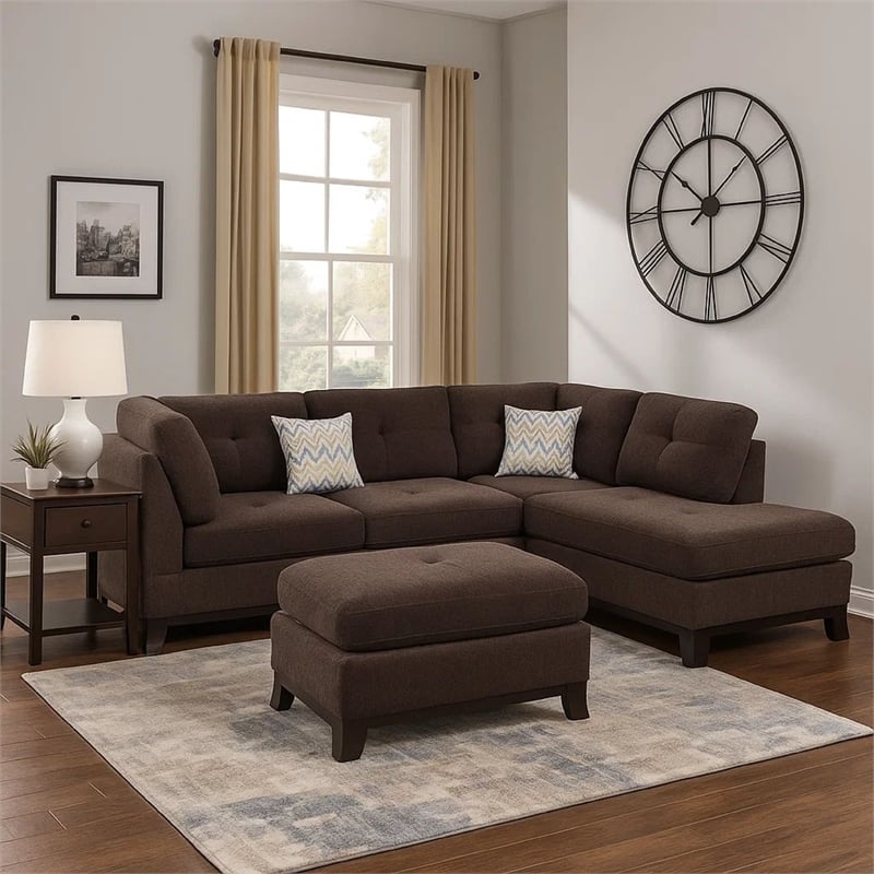 Benjara 3 Piece Sectional Sofa with Ottoman and Tufted Details- Dark Brown