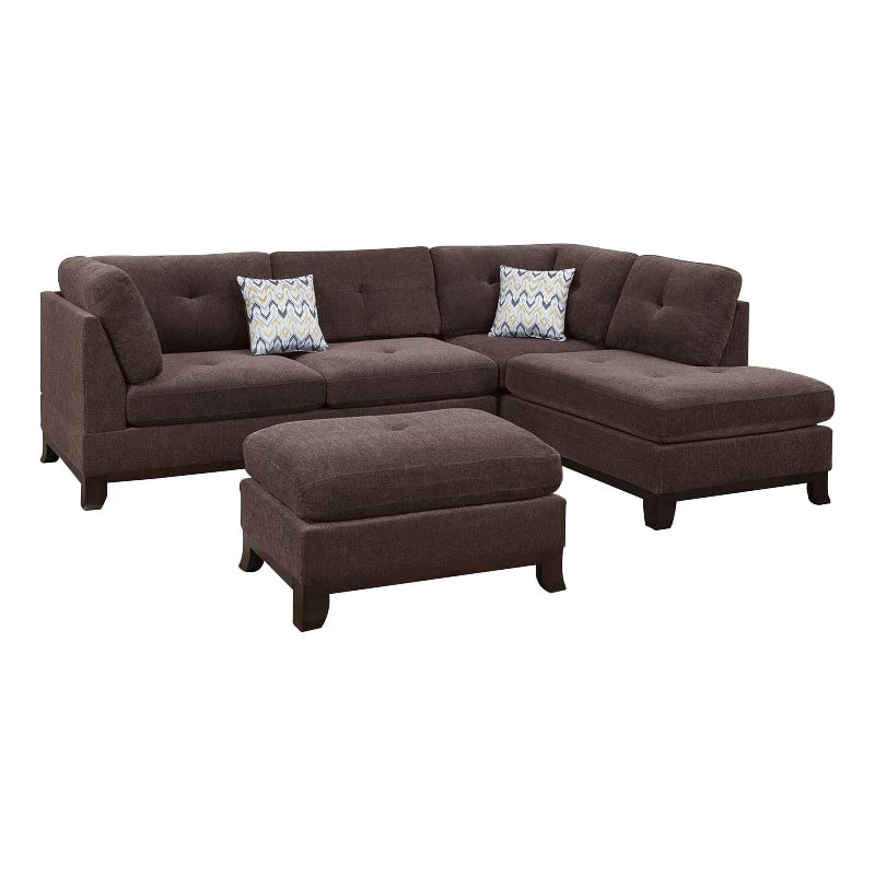 Benjara 3 Piece Sectional Sofa with Ottoman and Tufted Details- Dark Brown