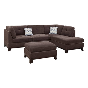 Benjara 3 Piece Sectional Sofa with Ottoman and Tufted Details- Dark Brown