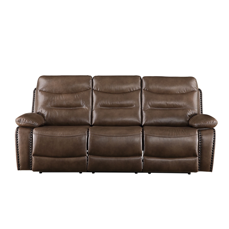 Benjara Motion Sofa with Leatherette Upholstery and Tufted Seat- Brown