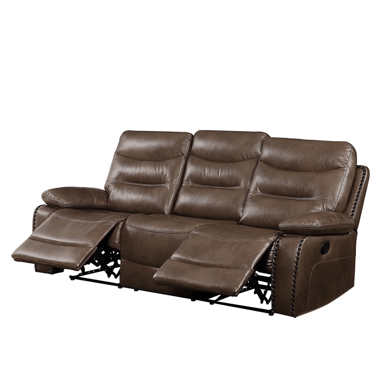 Benjara Motion Sofa with Leatherette Upholstery and Tufted Seat- Brown