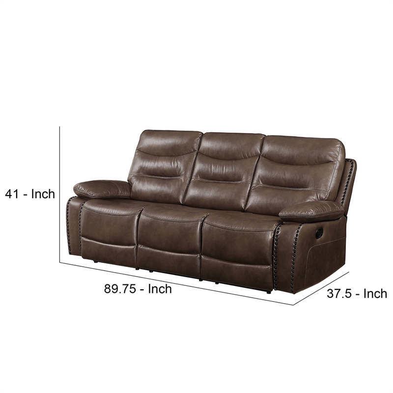 Benjara Motion Sofa with Leatherette Upholstery and Tufted Seat- Brown