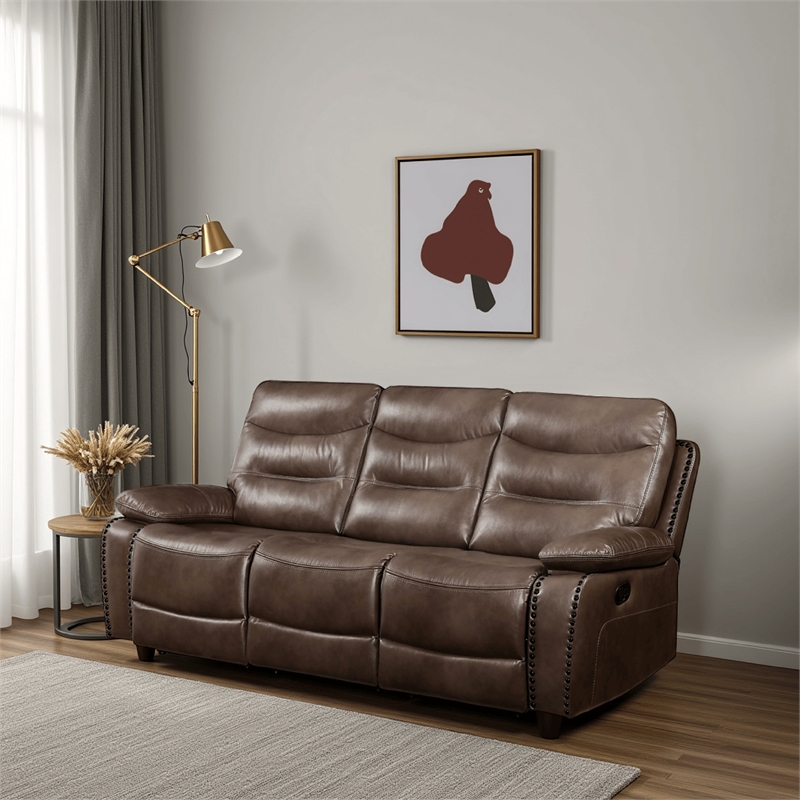 Benjara Motion Sofa with Leatherette Upholstery and Tufted Seat- Brown
