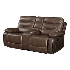 Benjara Motion Loveseat with Leatherette Upholstery and Tufted Seat- Brown