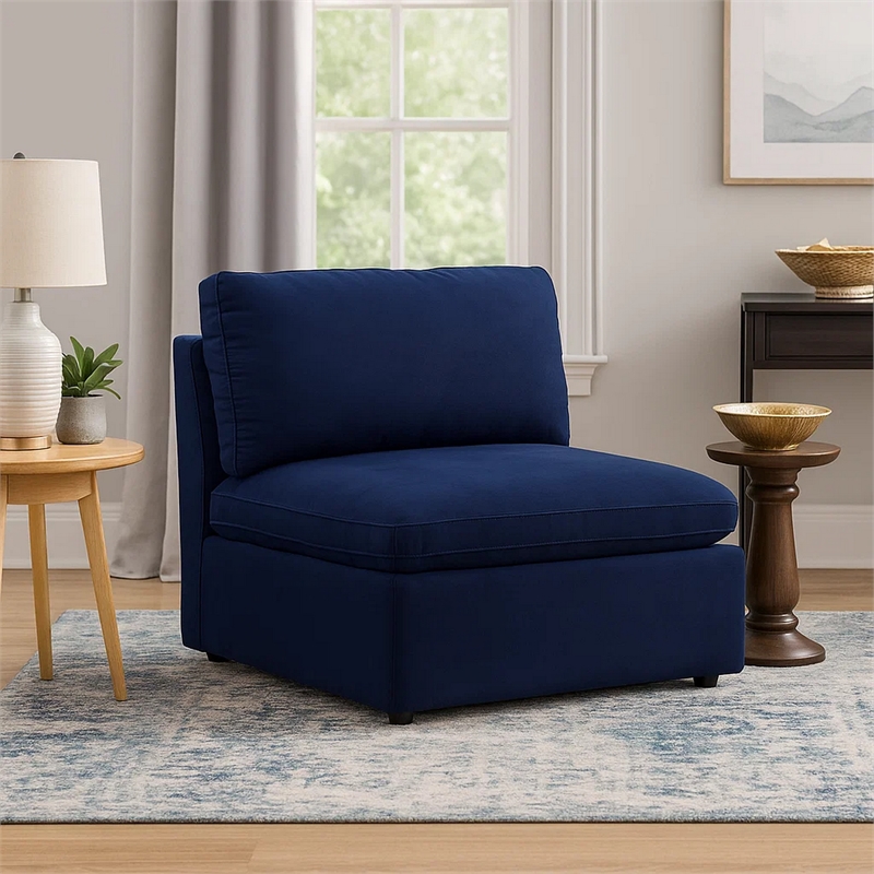 Benjara Armless Chair with Fabric Seat and Pillow Back- Blue