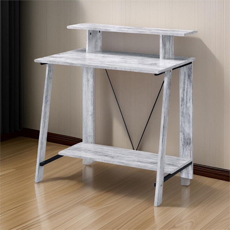 Benjara Writing Desk with V Shaped Frame- Antique White and Black