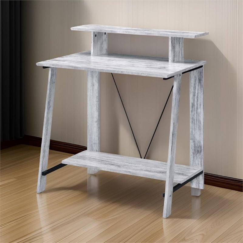 Benjara Writing Desk with V Shaped Frame- Antique White and Black
