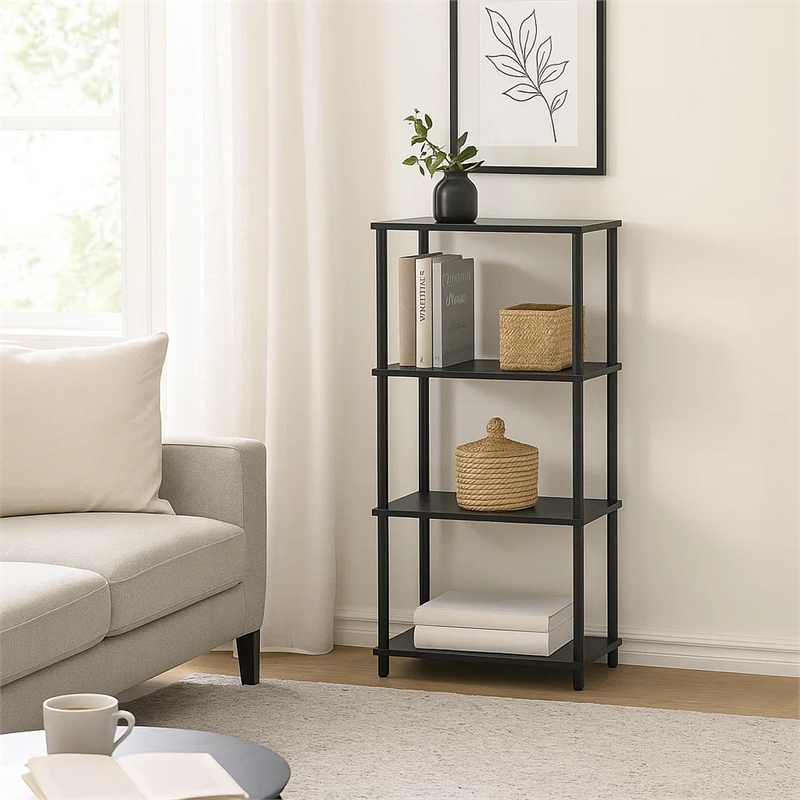 Benjara Bookshelf with Black Metal Frame- Black