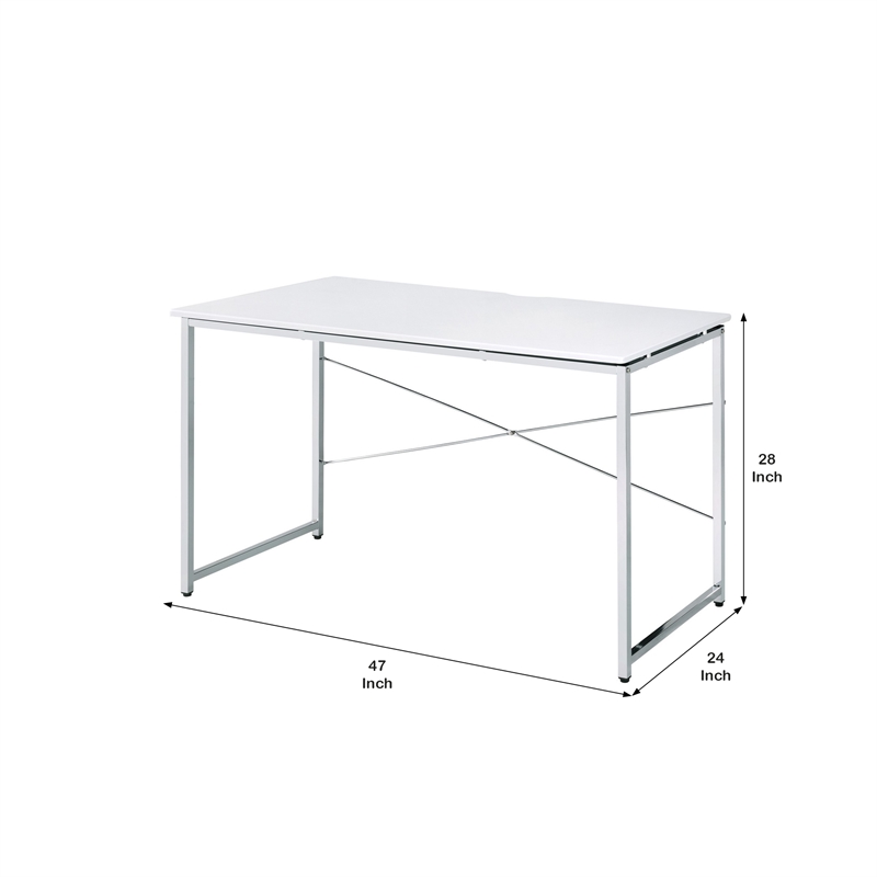 Benjara Writing Desk with X Shaped Cross Bar and Chrome Finish- White