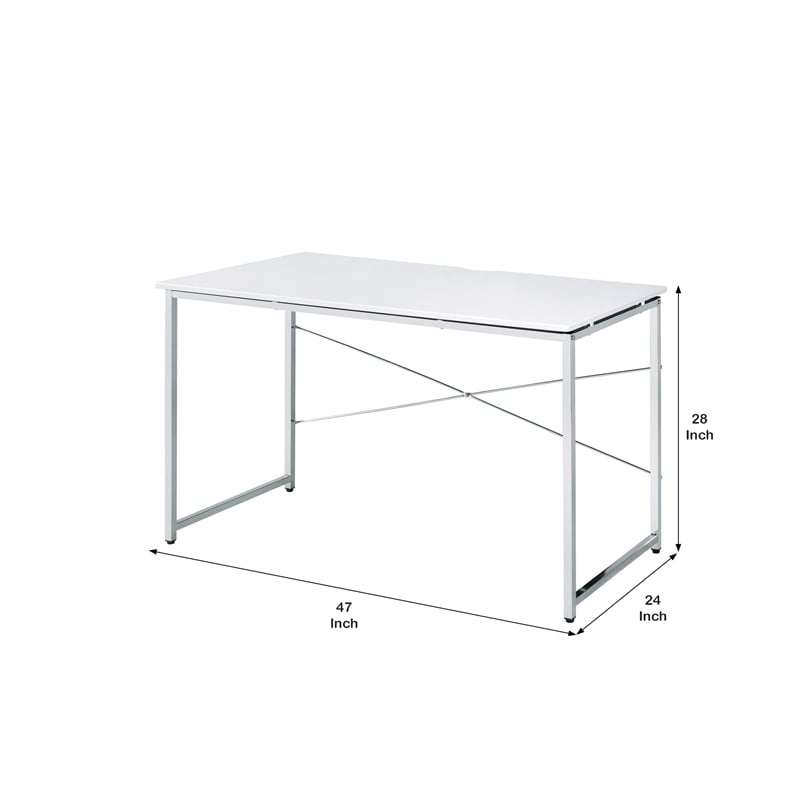 Benjara Writing Desk with X Shaped Cross Bar and Chrome Finish- White