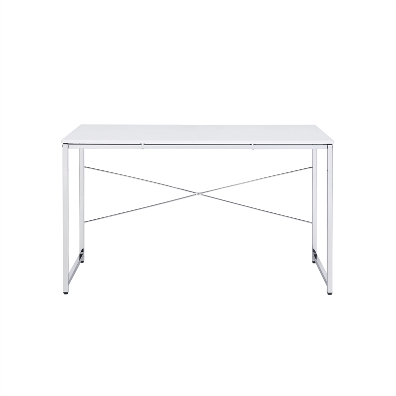 Benjara Writing Desk with X Shaped Cross Bar and Chrome Finish- White