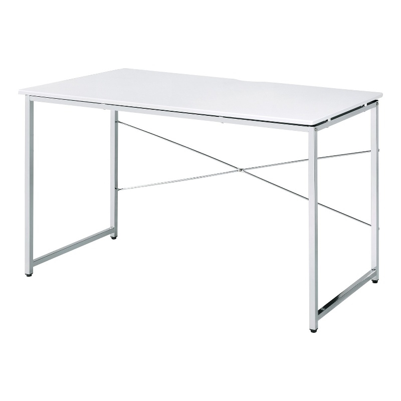 Benjara Writing Desk with X Shaped Cross Bar and Chrome Finish- White