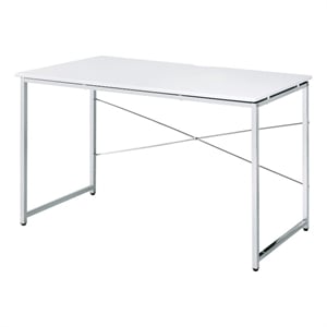 Benjara Writing Desk with X Shaped Cross Bar and Chrome Finish- White