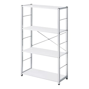Benjara Bookshelf with X Shaped Cross Bar Chrome Finish- White