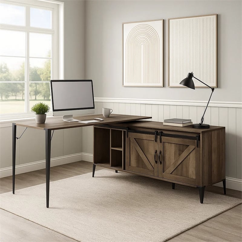 Benjara L Shape Writing Desk with 6 Open Compartments- Brown